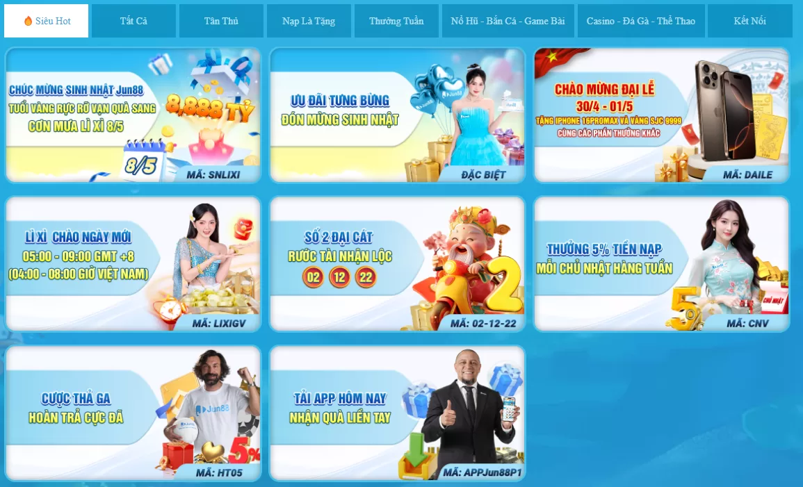Vô vàn khuyến mãi hấp dẫn cho người chơi tại Jun88
